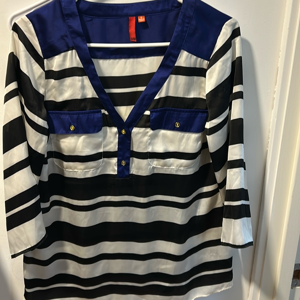 Cute striped work shirt! Black and white with blue accents and gold buttons